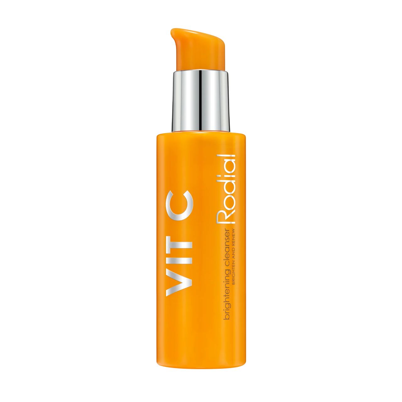 Orangefarbener Flakon mit silberner Pumpe. Aufschrift: VIT C und Rodial. Produktname: Brightening Cleanser.