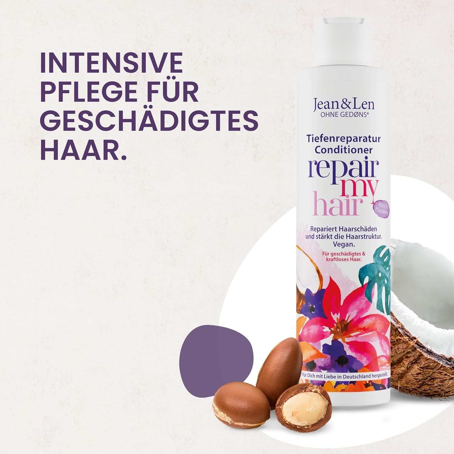 Flasche mit "Jean & Len" und "repair my hair". Daneben Kokosnuss und Argan-Nüsse.