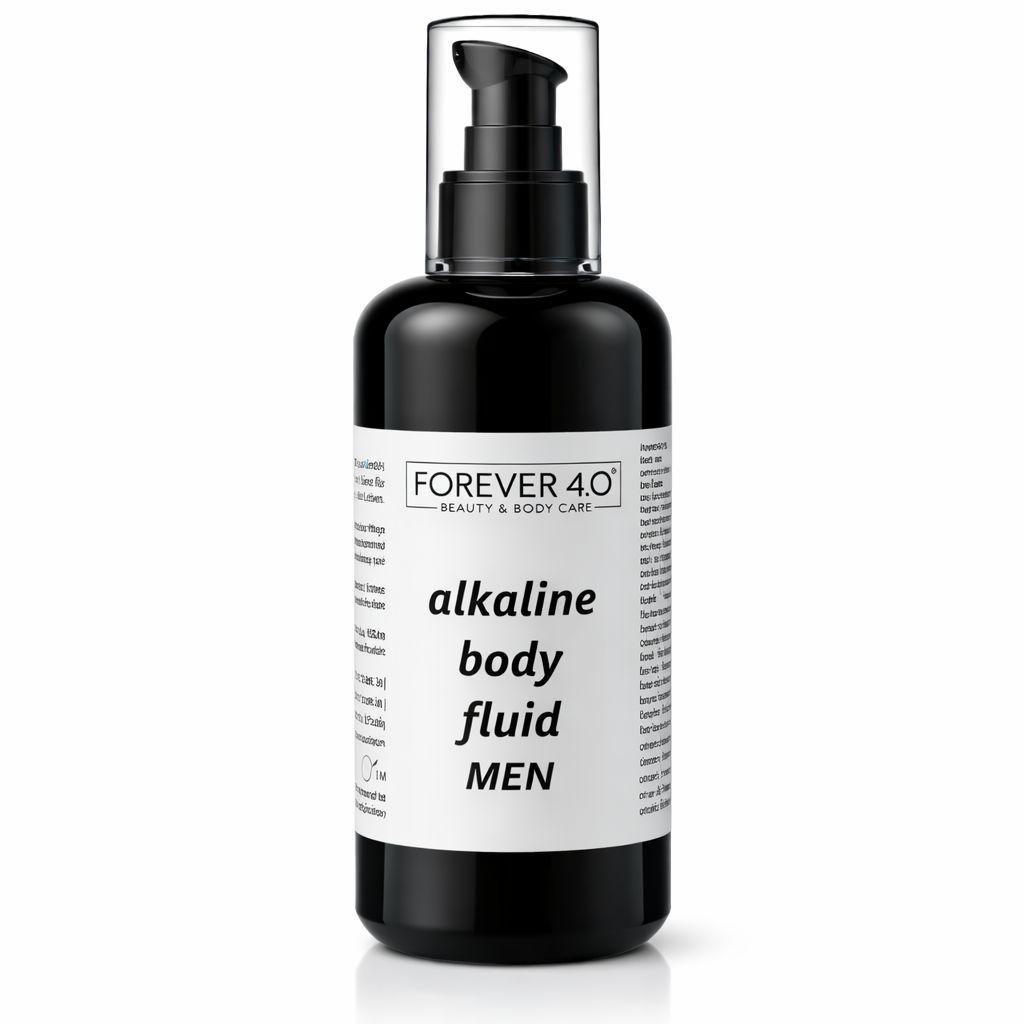 Schwarze Flasche mit Pumpe. Aufschrift: FOREVER 4.0, alkaline body fluid MEN. Weißes Etikett mit Text.