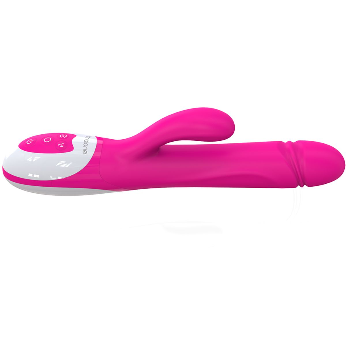 Pinkfarbener Vibrator mit gebogener Spitze und Bedienfeld. Weißes Bedienfeld mit Symbolen. Nalone.