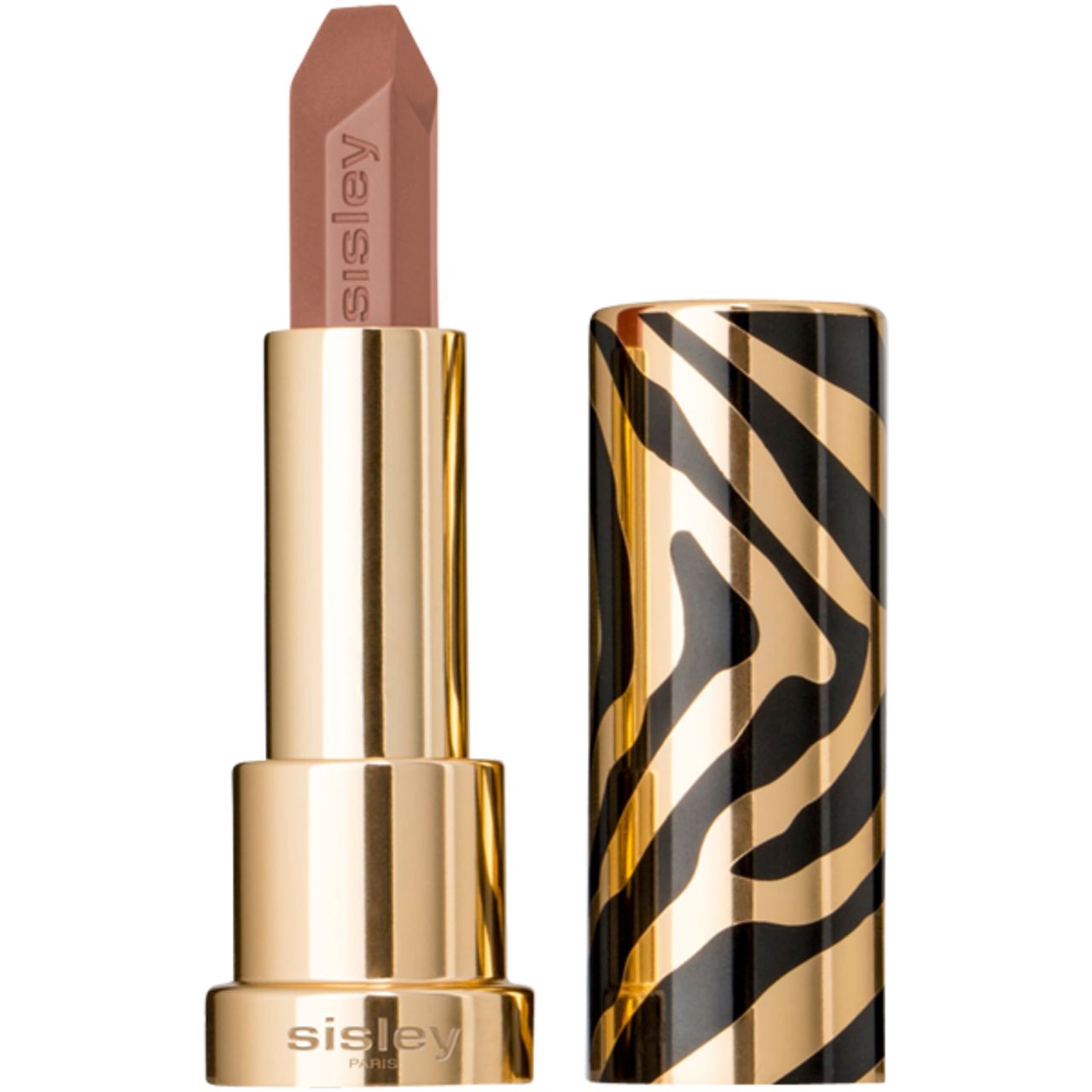 Lippenstift mit goldfarbenem Gehäuse und Zebra-Muster. Der Lippenstift ist geöffnet und zeigt eine braune Spitze. Sisley-Logo sichtbar.