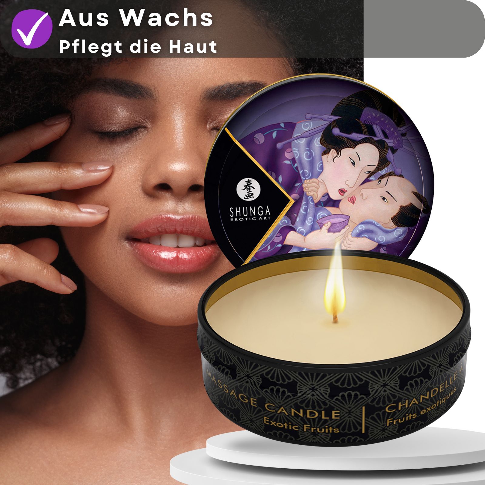 Massagekerze mit Aroma Exotic Fruits. Dose mit Frau. Text: Aus Wachs, pflegt die Haut.