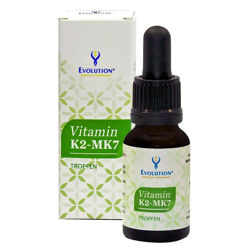 Braune Glasflasche mit Tropfer und Verpackung. Aufschrift: Vitamin K2-MK7 Tropfen. Marke: Evolution.