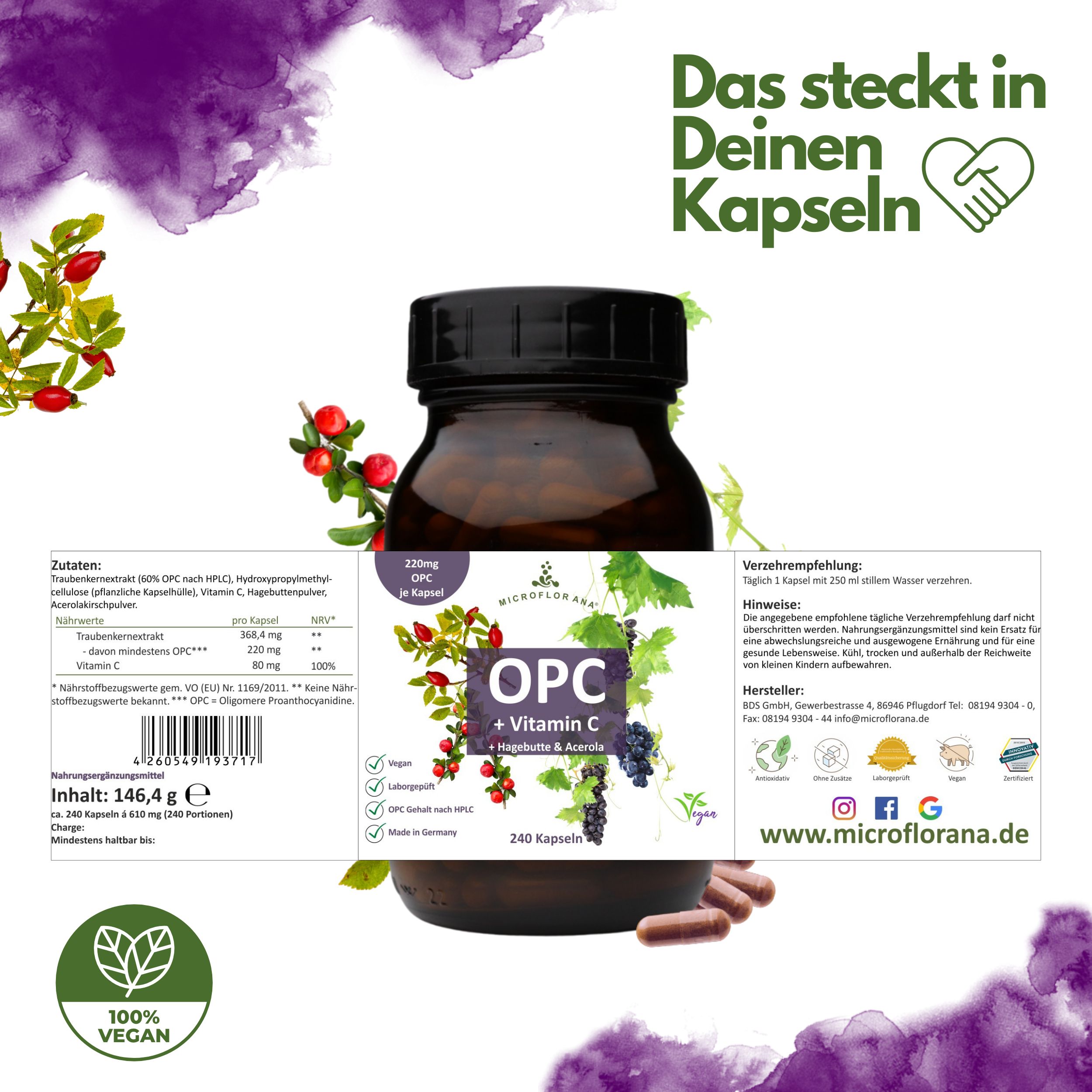 Braune Glasflasche mit Etikett. Aufschrift: OPC + Vitamin C, Hagebutte & Acerola. 240 Kapseln. Logo: MICROFLORANA®.
