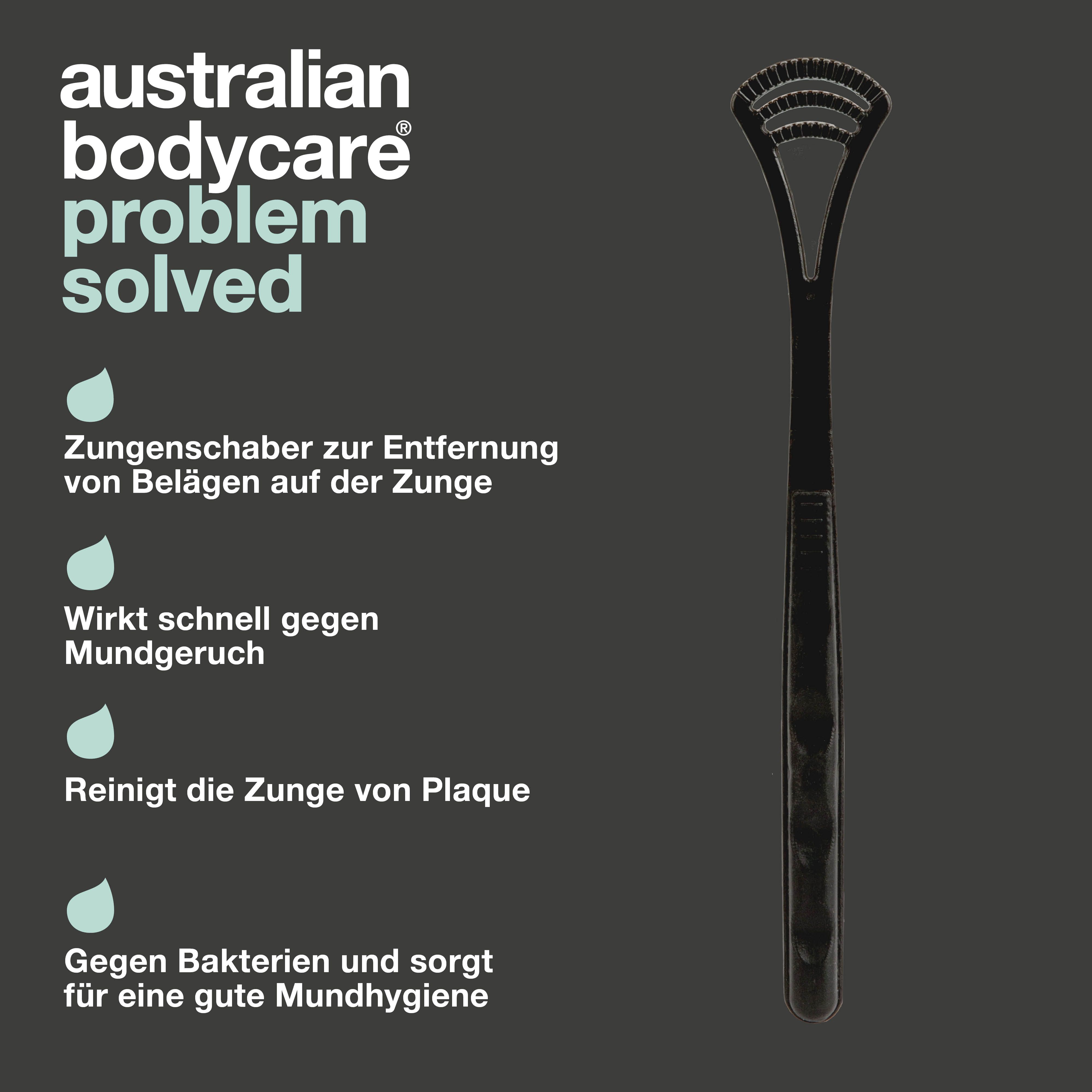 Schwarzer Zungenschaber. Text: Australian Bodycare, Problem gelöst. Entfernt Beläge, Mundgeruch, Plaque.