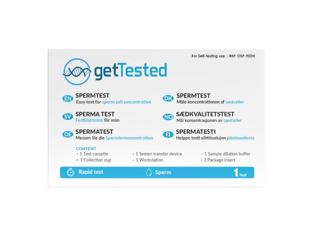 Verpackung von GetTested Spermatest. Enthält Testkassette, Auffangbecher, Transfervorrichtung, Arbeitsstation, Verdünnungspuffer und Packungsbeilage.