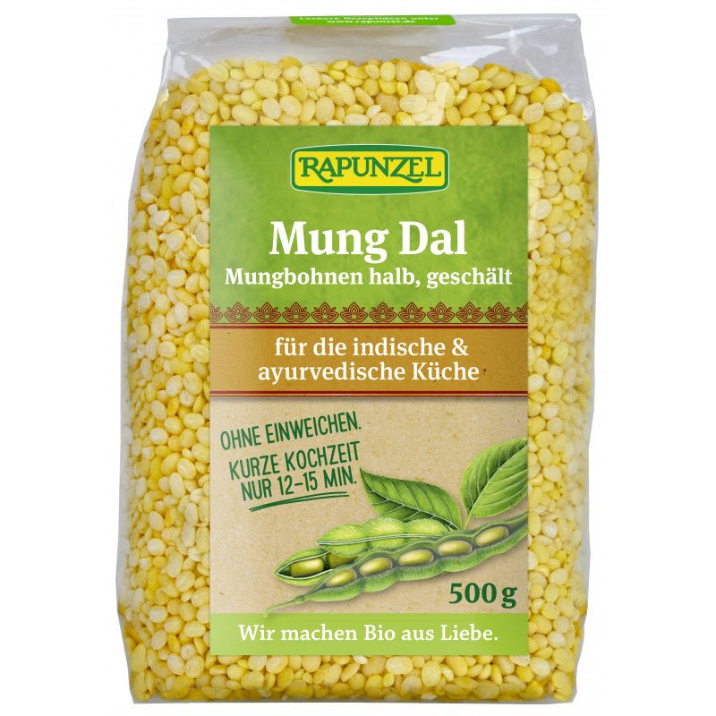 Klarsichtbeutel mit Mung Dal. Aufdruck: Rapunzel, Mungbohnen halb, geschält, für indische & ayurvedische Küche, 500g.