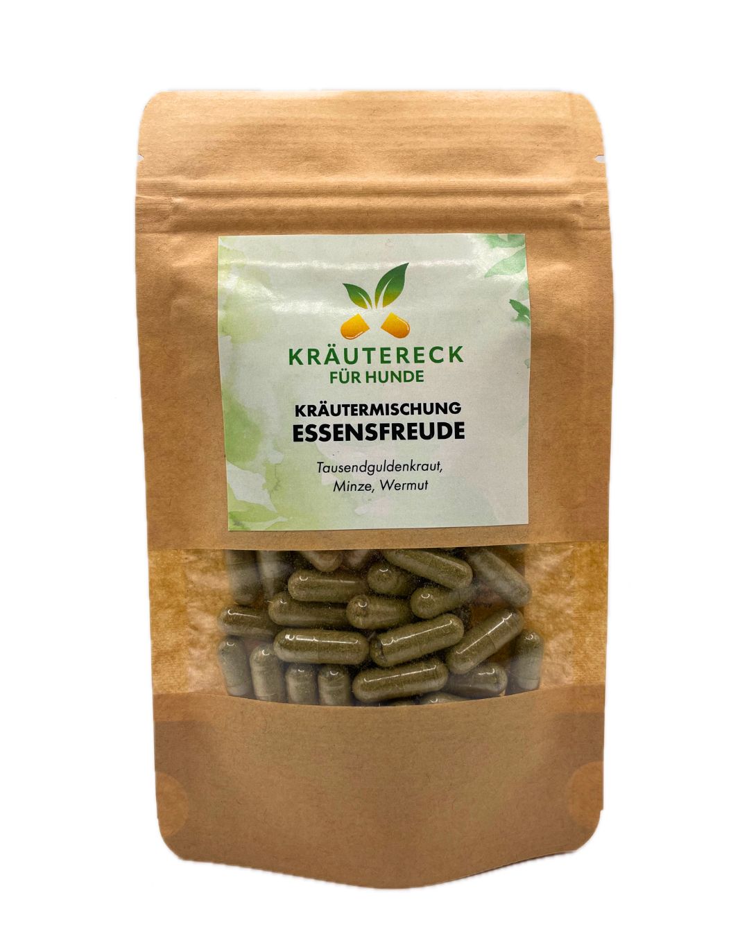 Braune Tüte mit Sichtfenster. Kräuterkapseln Essensfreude für Hunde. Grün-weißes Etikett mit Produktinformationen.