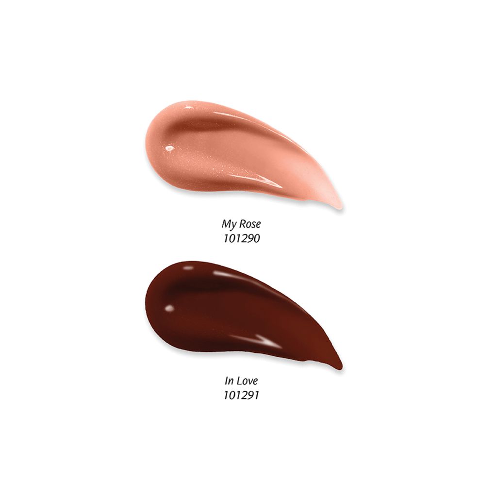 Zwei Farbmuster von Lipgloss: Hellrosa und Braun. Farbnamen und Produktnummern sind angegeben.