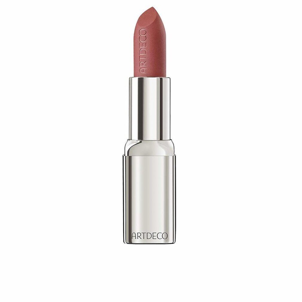 Lippenstift, mattes Terracotta. Silberfarbene Hülse, Marke ARTDECO. Aufschrift auf dem Lippenstift.