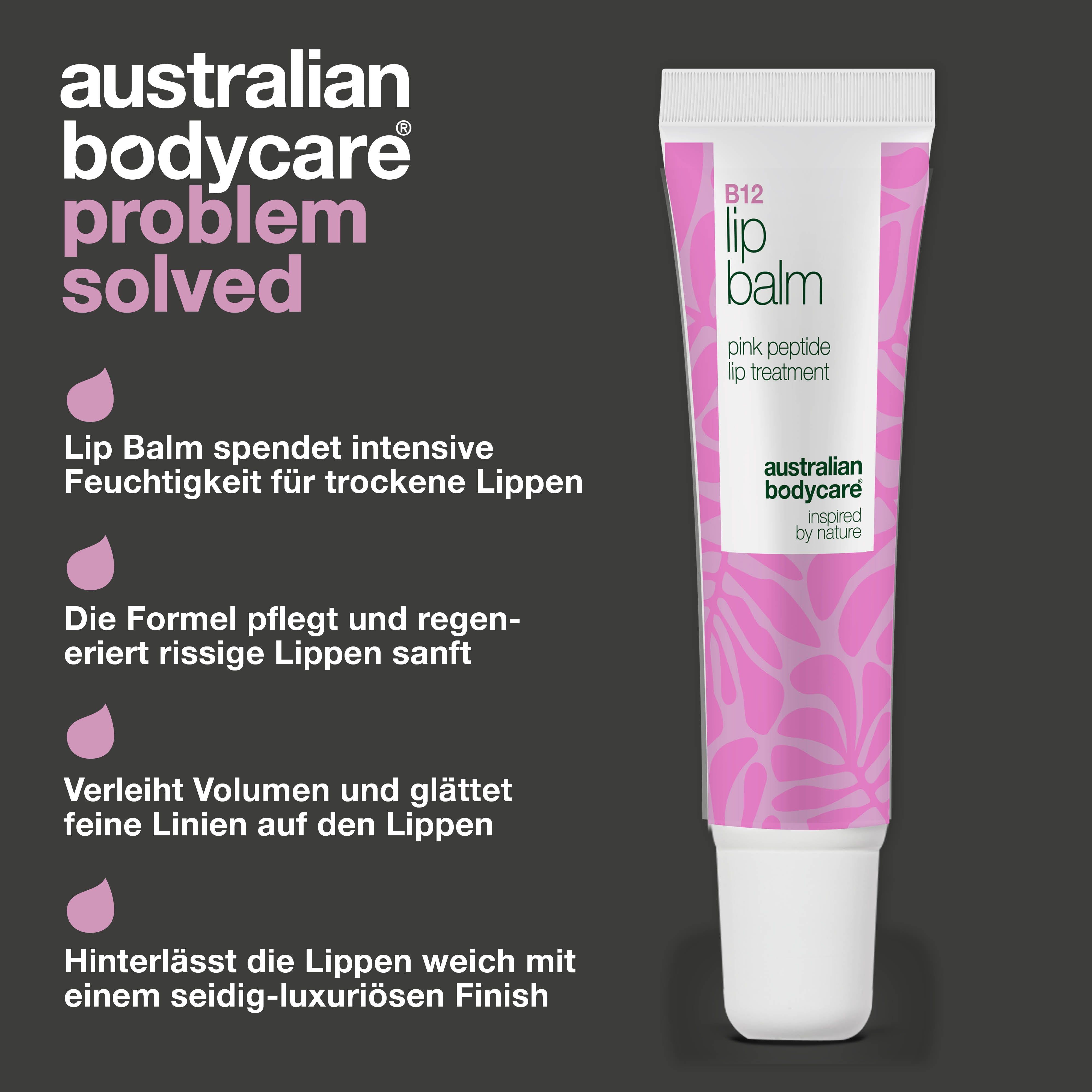 Australian Bodycare B12 Lip Balm. Text: Lip Balm spendet intensive Feuchtigkeit für trockene Lippen.