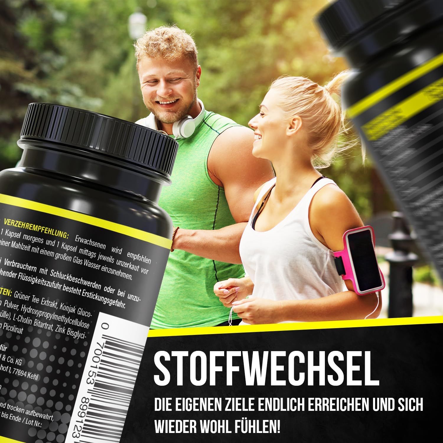 Produktflasche mit gelbem Etikett. Aufschrift: EASY BRNR, Leichte Formel. Zwei Personen lächeln. Text: Stoffwechsel. Barcode.