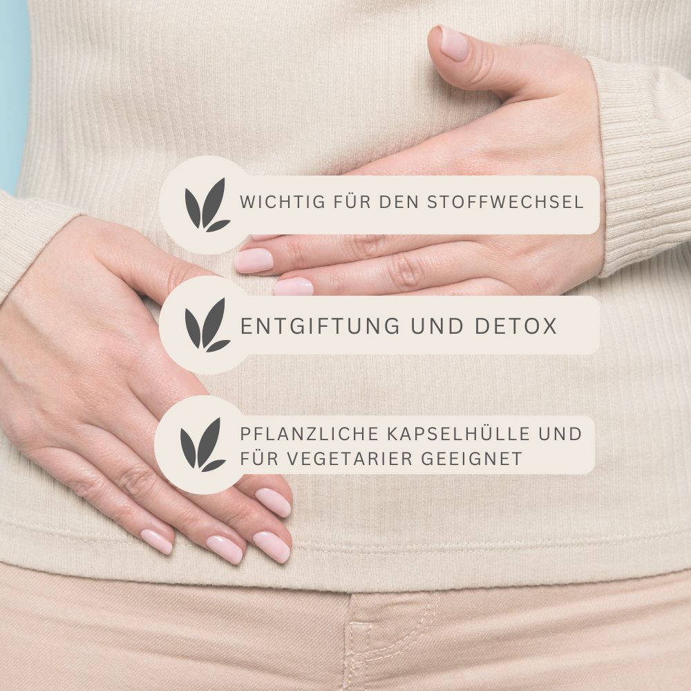 Person hält Hände auf Bauch. Text: Wichtig für Stoffwechsel, Entgiftung und Detox, pflanzliche Kapselhülle, für Vegetarier geeignet.