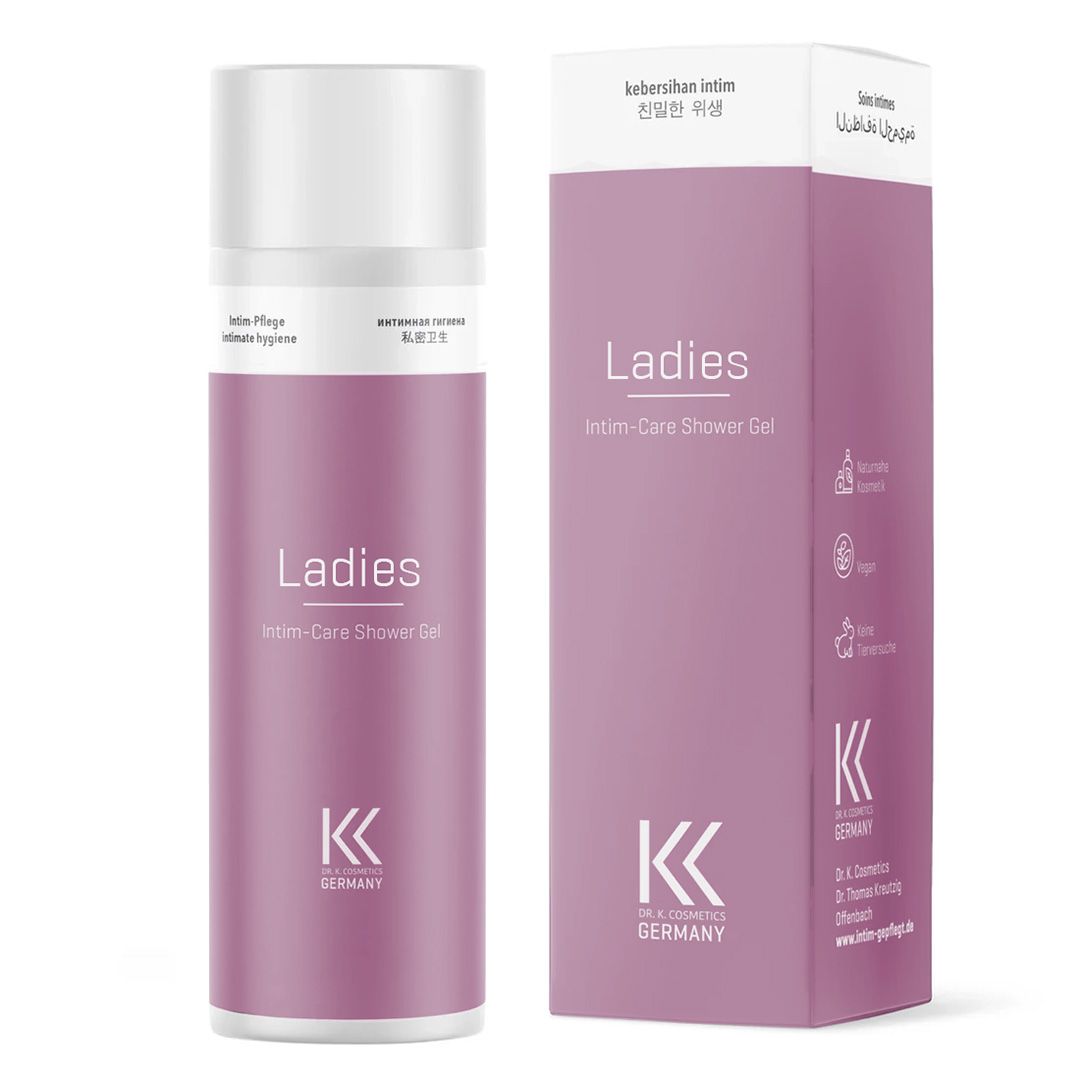 Rosa Flasche und Verpackung mit Aufschrift "Ladies Intim-Care Shower Gel". Marke: K.K. Cosmetics Germany.