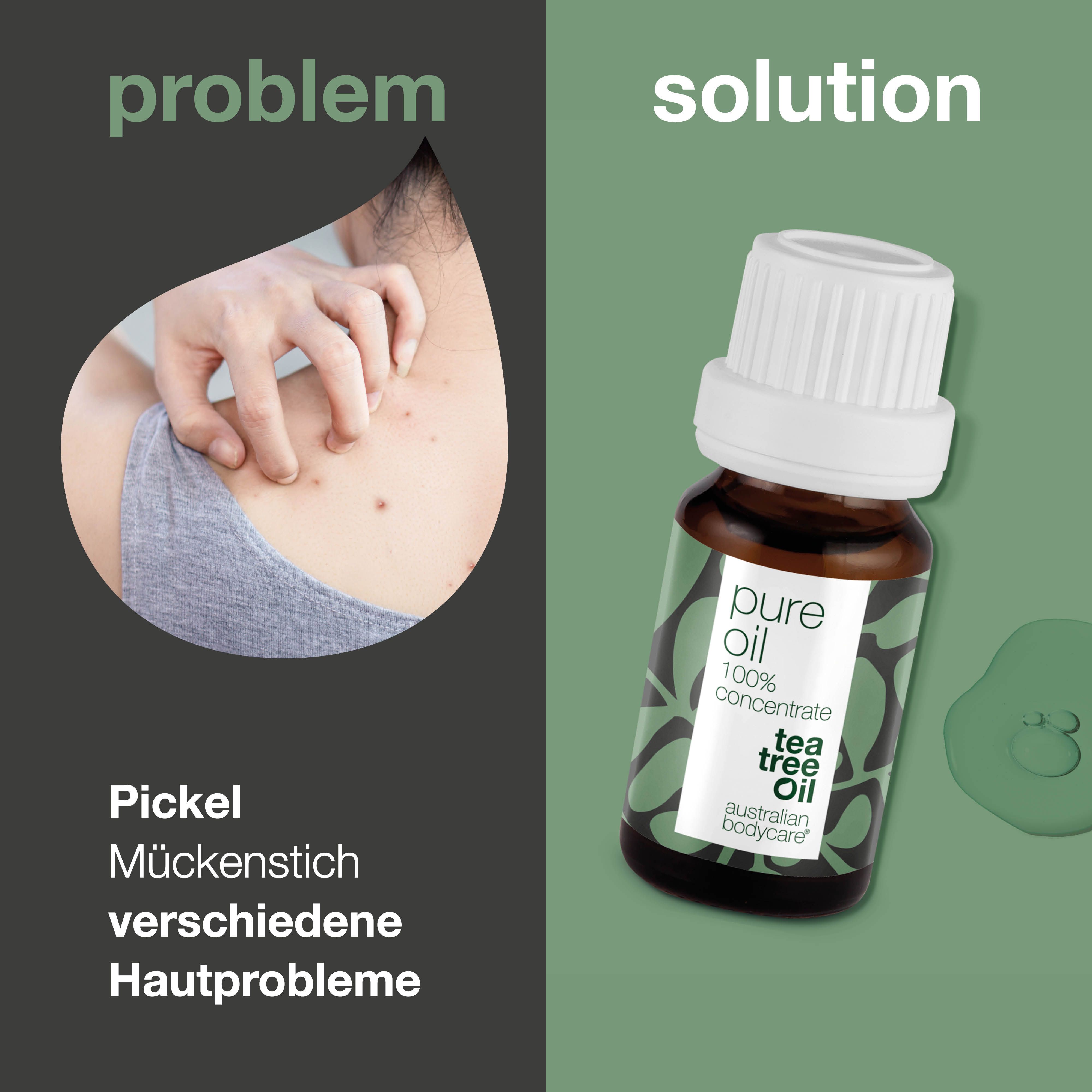 Grafik mit Problem und Lösung. Flasche mit Text: pure oil, 100% concentrate, tea tree oil, australian bodycare. Hautausschlag.
