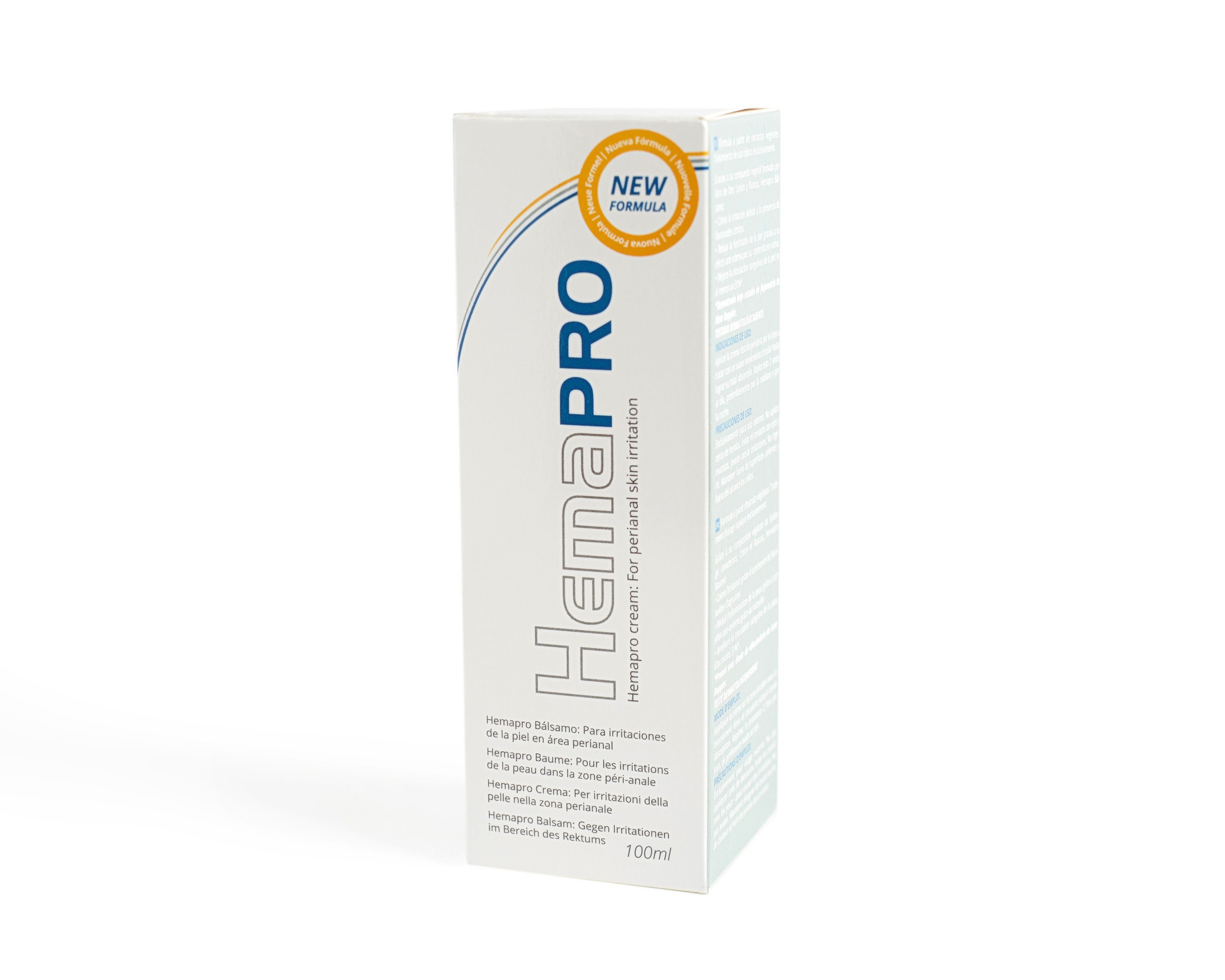 Weiße Produktverpackung mit blauem und gelbem Design. Text: HemaPRO, New Formula. Mehrsprachige Produktinformationen.
