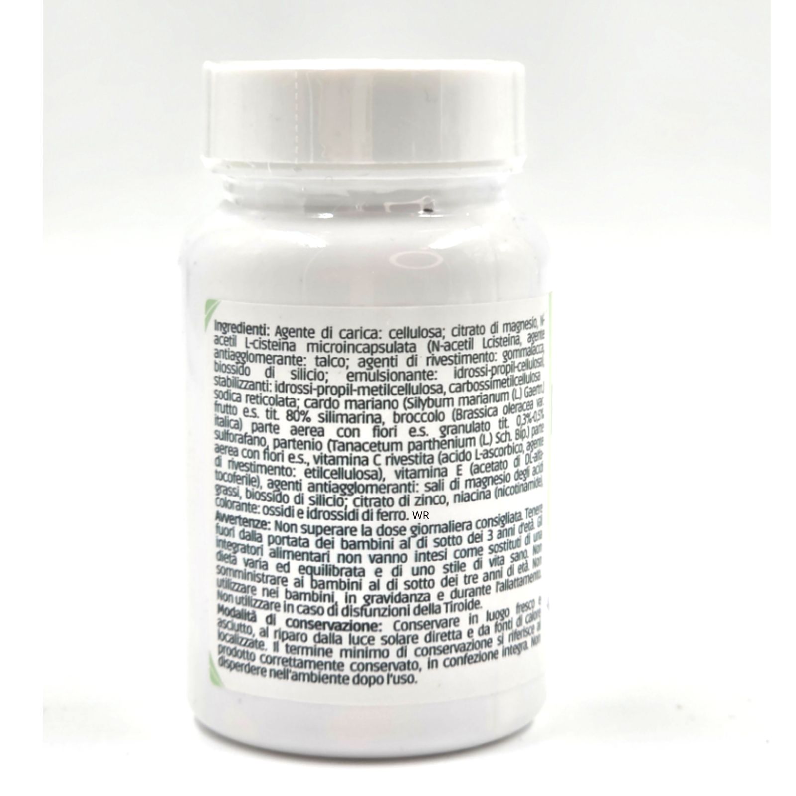 WeHealth ReViv PLUS. Weiße Flasche mit Etikett. Rückseite mit Inhaltsstoffen und Warnhinweisen. Text in italienischer Sprache.