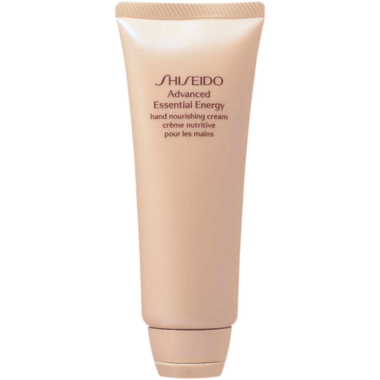 Beigefarbene Tube mit Produkttext. Aufschrift: Shiseido, Advanced Essential Energy, Hand Nourishing Cream, Crème nutritive pour les mains.