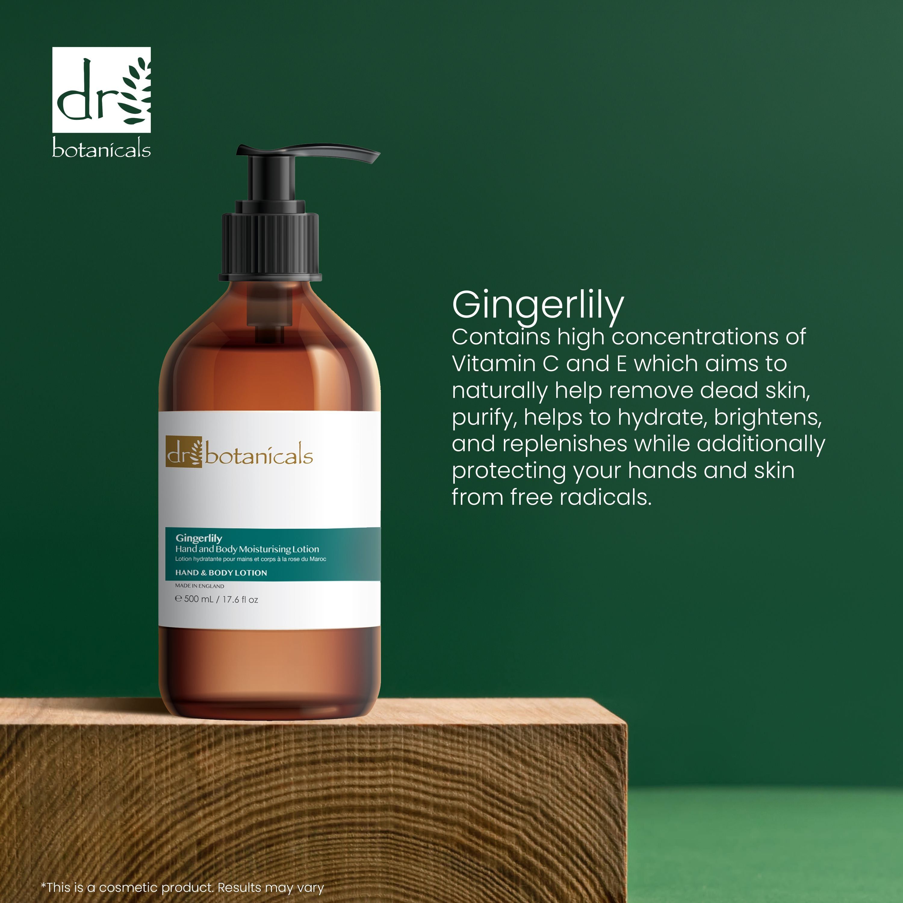 Braune Flasche auf Holzblock. Text: Gingerlily, Hand & Body Moisturising Lotion. Enthält Vitamin C und E. Dr Botanicals.