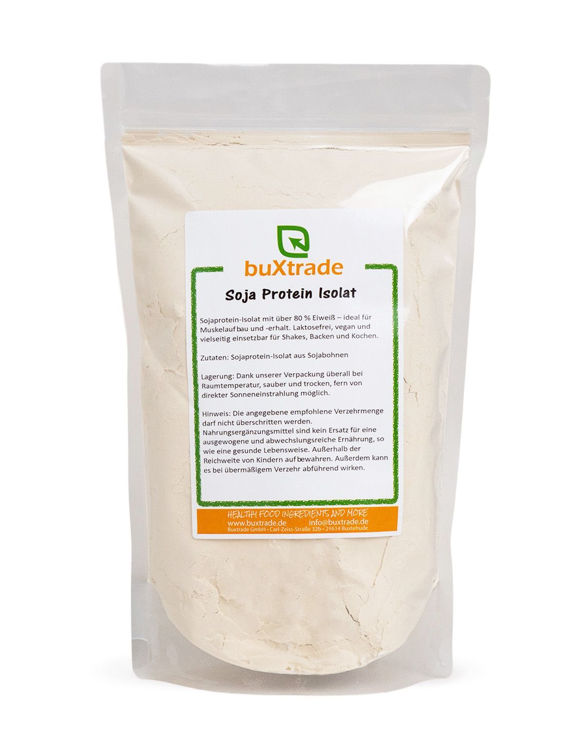 Ein Beutel buXtrade Sojaprotein Isolat, von vorne gezeigt.