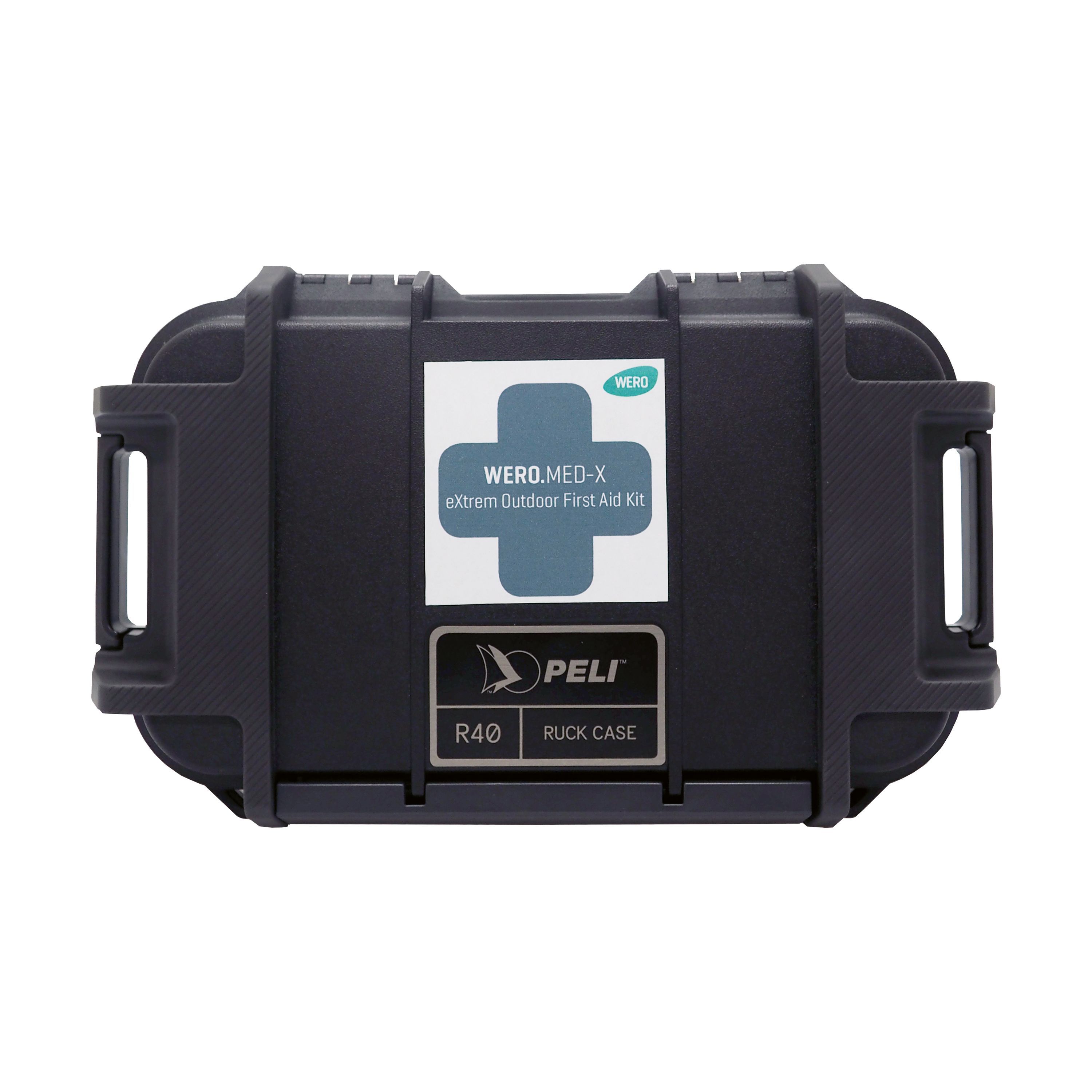 Schwarzer Koffer mit Aufkleber: WERO MED-X eXtrem Outdoor First Aid Kit. Peli R40 Ruck Case. Griff und Verschluss.