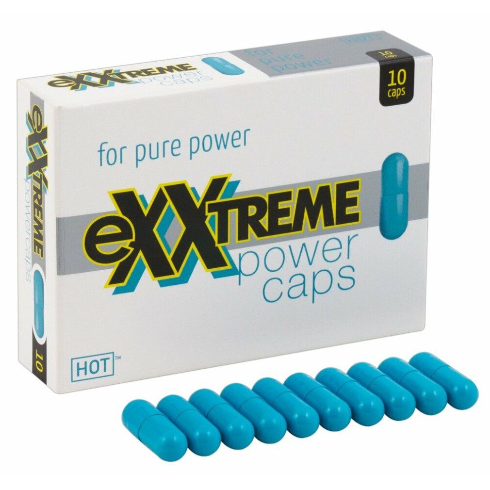 Schachtel und blaue Kapseln. Aufschrift: eXXtreme power caps. 10 Kapseln. Aufschrift: HOT.