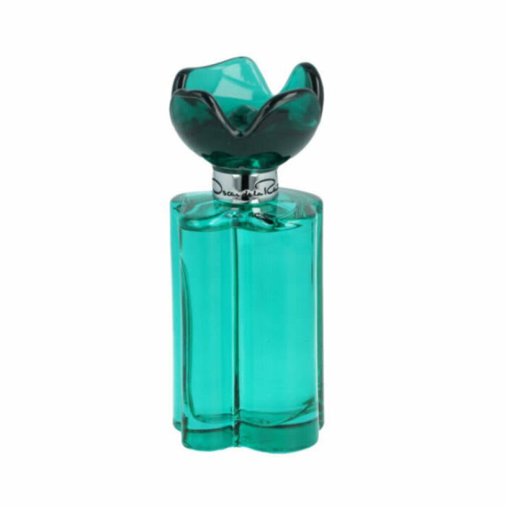 Grüne Flasche mit Blumendeckel. Auf dem Flaschenhals steht "Oscar de la Renta".