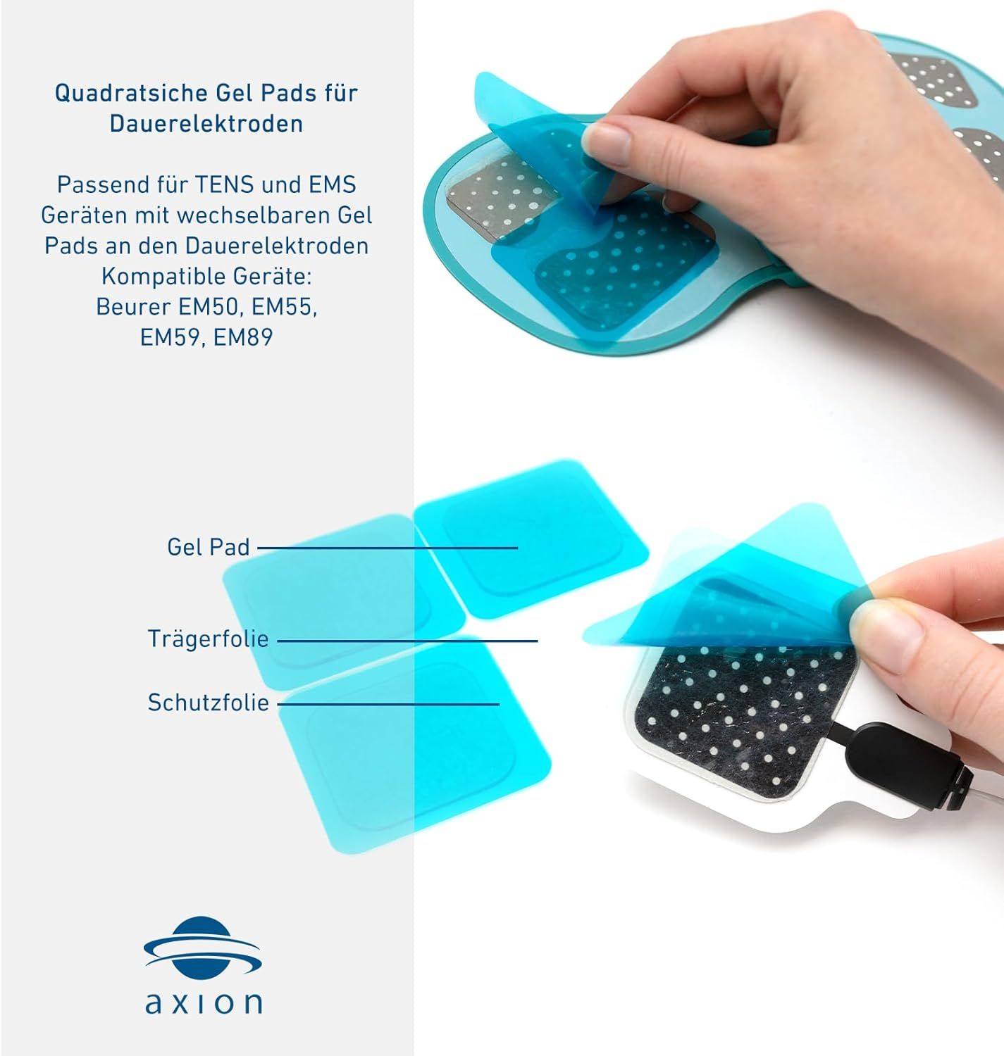 Quadratische Gel Pads mit Schutzfolie. Produktname: axion. Kompatibel mit TENS & EMS Geräten. Gezeigt: Hände, Produkt und Verpackung.