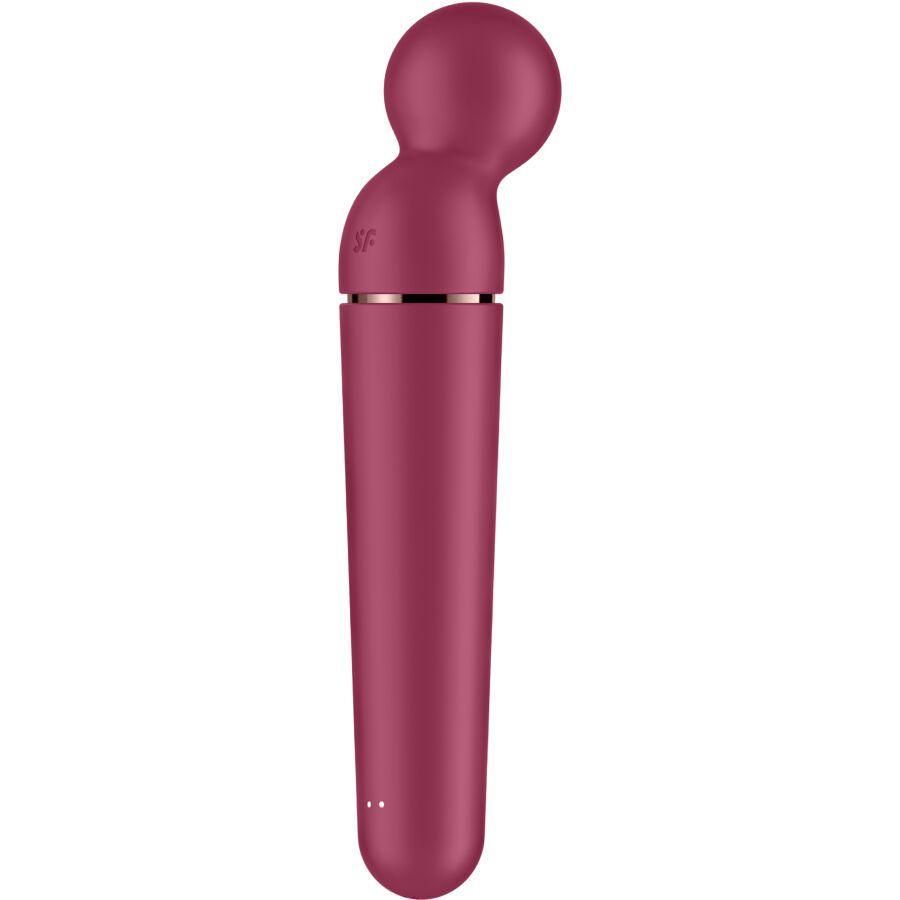 Bordeauxfarbener Vibrator mit rundem Kopf und zylindrischem Schaft. Silberfarbener Ring am Übergang. Zwei Knöpfe.