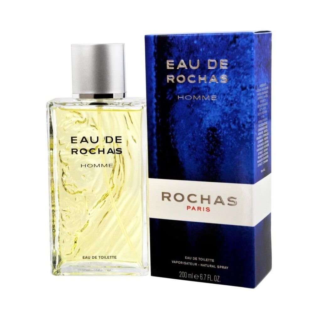 Flakon und blaue Verpackung. Aufschrift: EAU DE ROCHAS HOMME. Darunter: ROCHAS PARIS. Unten: EAU DE TOILETTE.