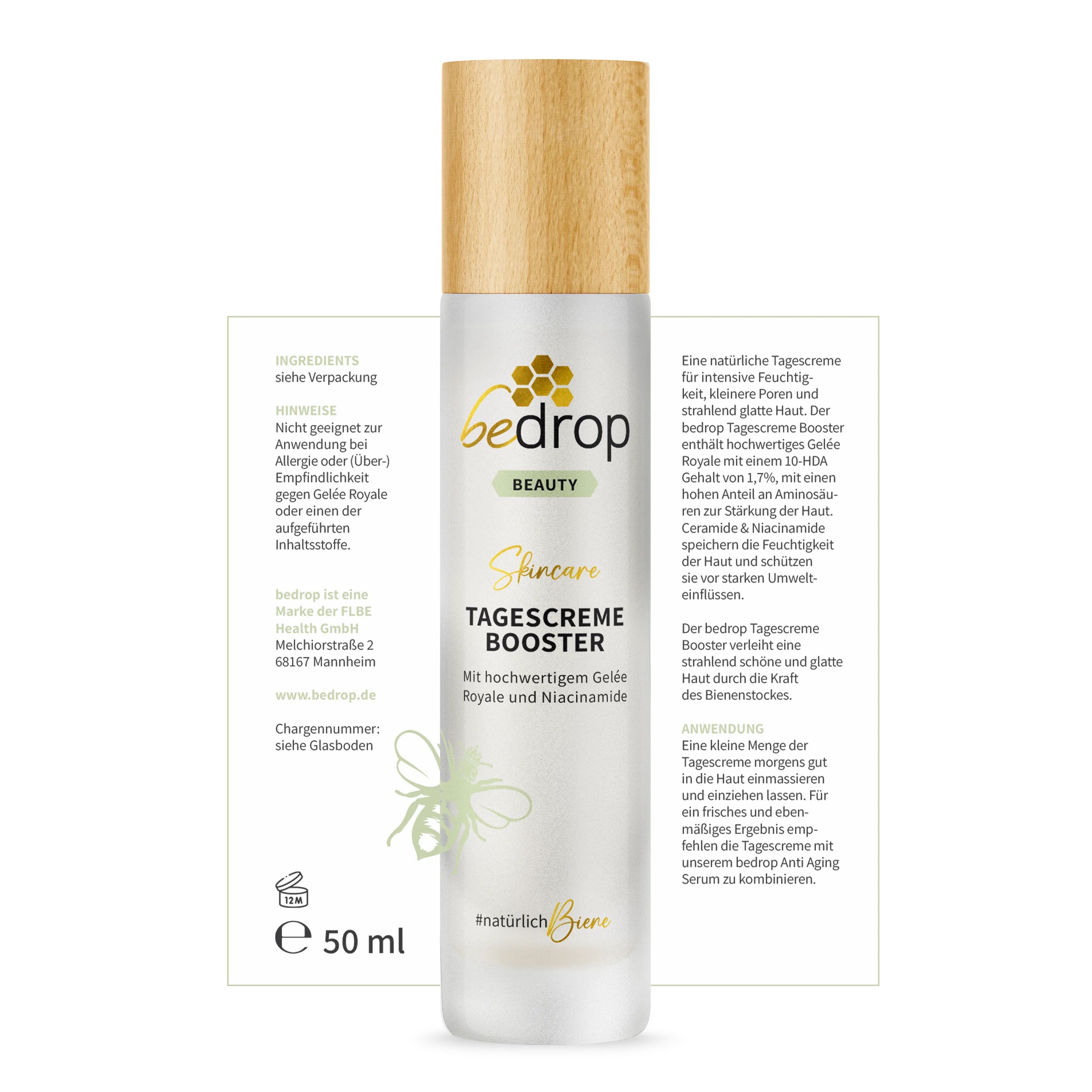 Creme-Flakon mit Text. Aufschrift: bedrop, Tagescreme Booster. Mit Gelee Royale. Text auf Deutsch. Hintergrund weiß.