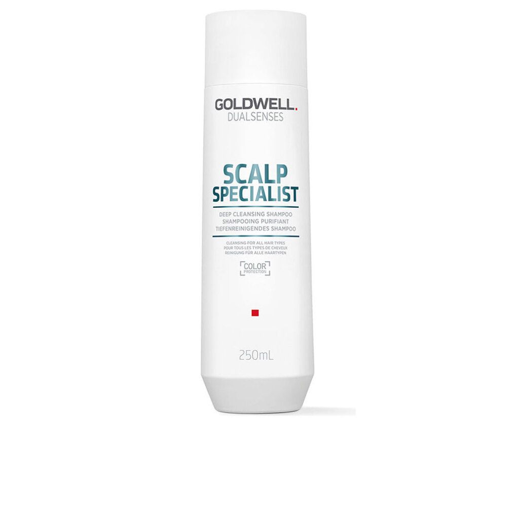 Weiße Flasche mit Goldwell-Logo und Text: SCALP SPECIALIST DEEP CLEANSING SHAMPOO. 250ml.