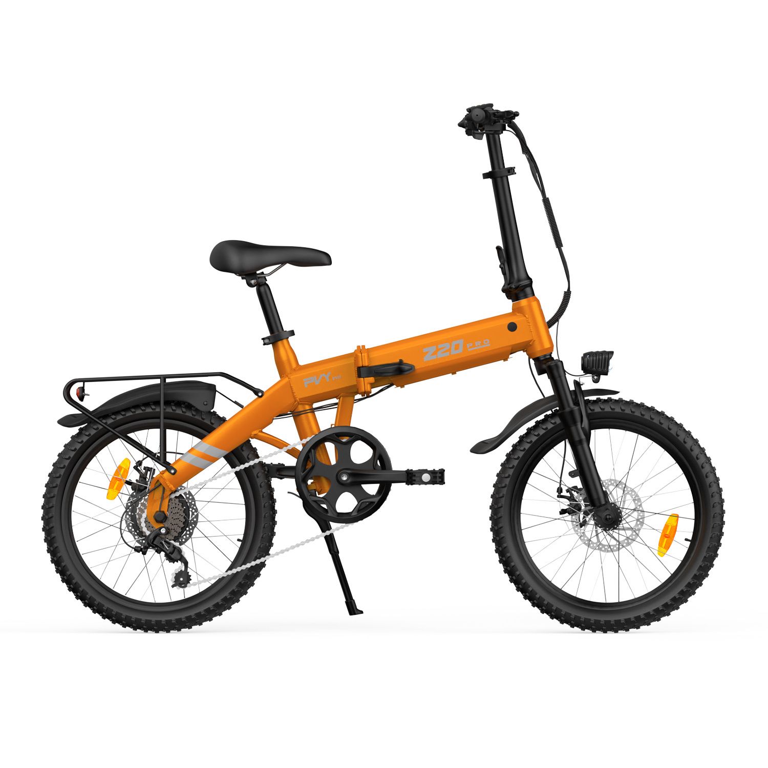 Orangefarbenes Klapp-E-Bike mit schwarzem Rahmen, Gepäckträger und Scheinwerfer. Aufschrift Z20 PRO EVO.