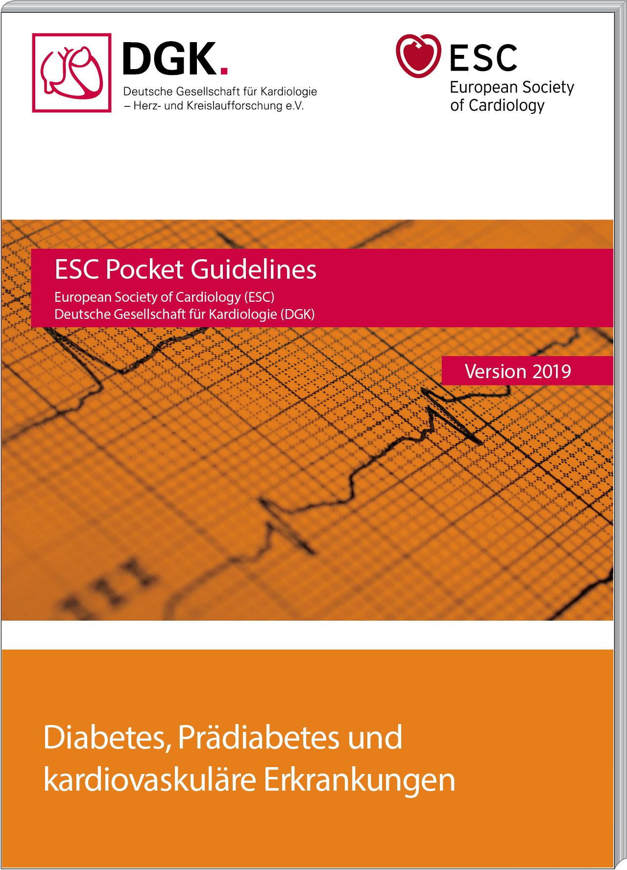 Taschenbuch mit dem Titel „Diabetes, Prädiabetes und kardiovaskuläre Erkrankungen“. Auf dem Cover Logos von DGK und ESC.