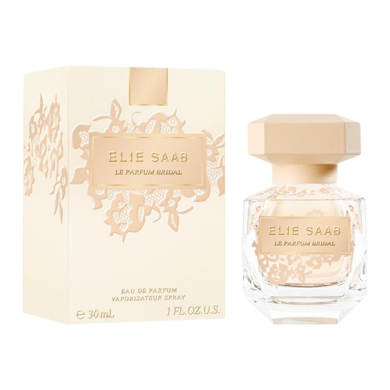 Parfümflakon und Verpackung. Aufschrift: Elie Saab, Le Parfum Bridal. Verpackung mit floralem Muster.