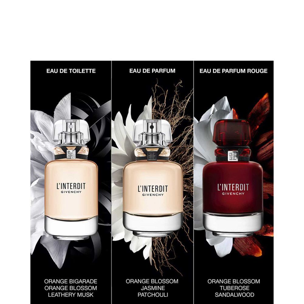 Drei Parfümflakons. Links: Eau de Toilette. Mitte: Eau de Parfum. Rechts: Eau de Parfum Rouge. Schwarzer Hintergrund mit Blüten und Text.