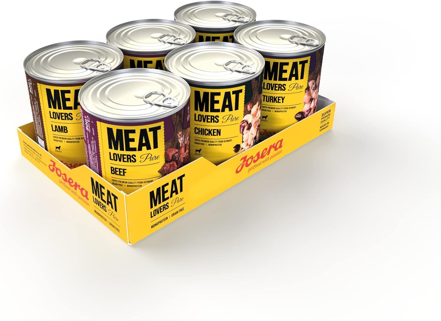 Sechs Dosen in einer gelben Verpackung. Auf den Dosen steht "MEAT LOVERS Pure" und verschiedene Fleischsorten. Der Markenname "Josera" ist sichtbar.