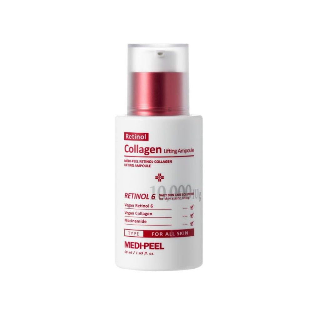 Weiße Flasche mit rotem Verschluss. Beschriftung: Retinol Collagen Lifting Ampoule. Text: RETINOL 6, Vegan Retinol, Vegan Collagen, Niacinamide. Für alle Hauttypen.
