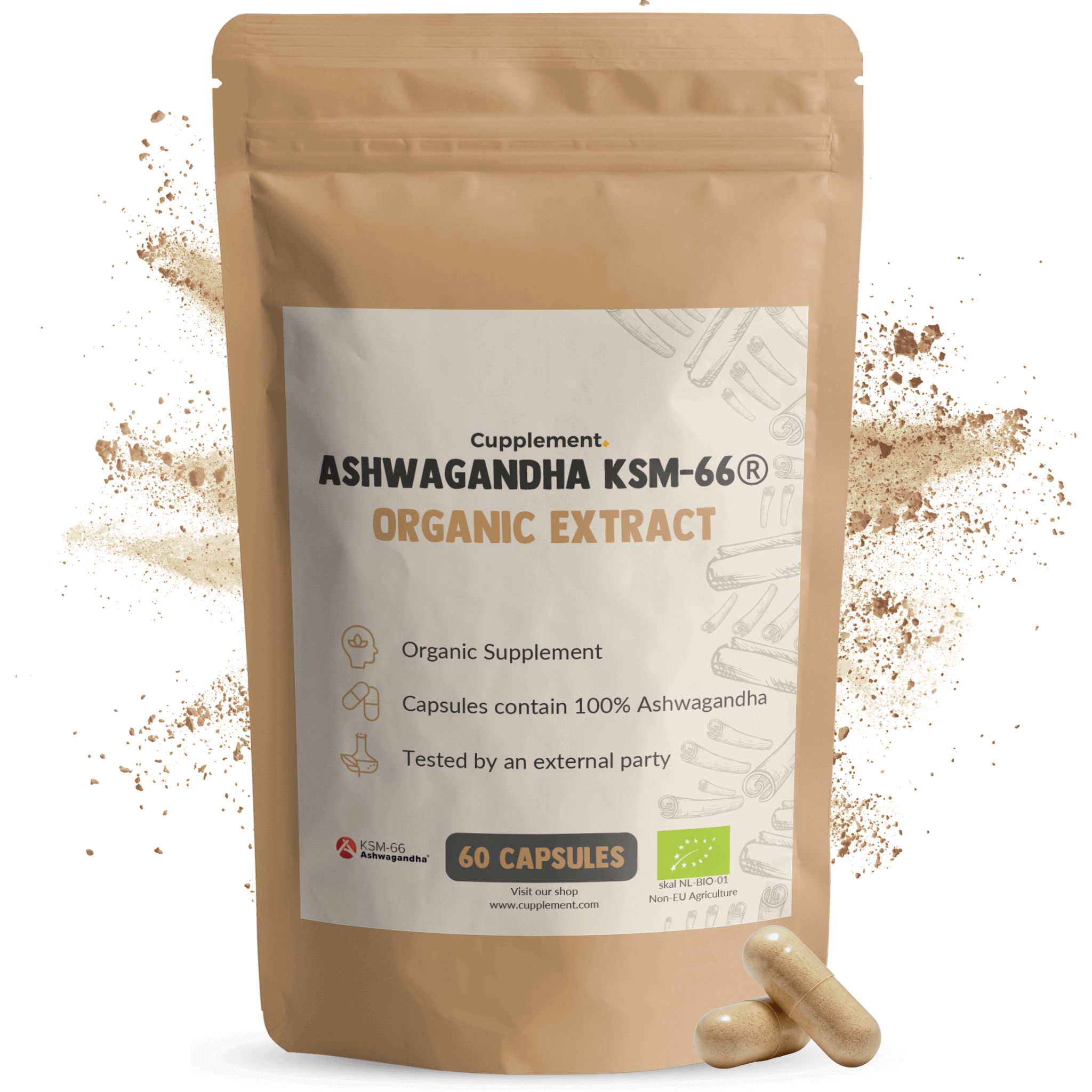 Braune Beutelverpackung mit Aufschrift: Ashwagandha KSM-66 Organic Extract. Enthält 60 Kapseln. Zwei Kapseln daneben.