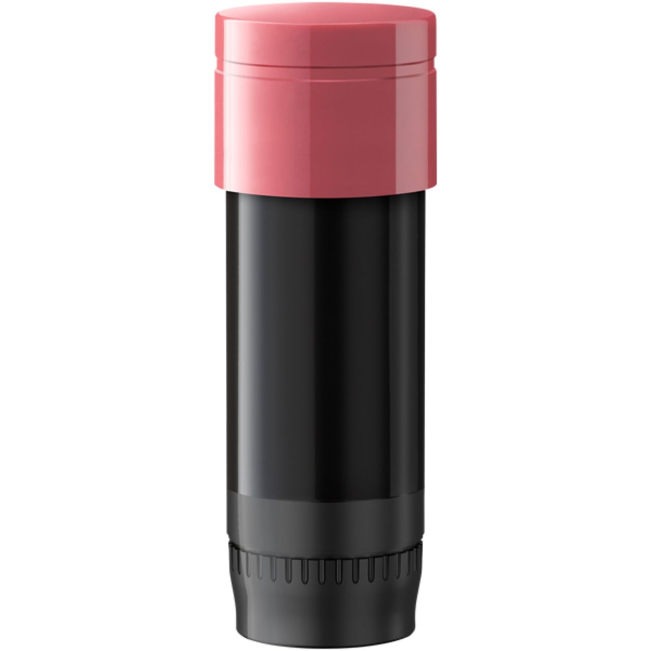 Zylindrischer Behälter, schwarz mit rosa Deckel. Der Deckel ist zylindrisch und hat eine geriffelte Basis. Der untere Teil ist ebenfalls geriffelt.