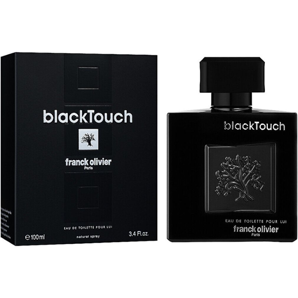 Schwarzer Flakon und Schachtel. Aufschrift: blackTouch, franck olivier Paris. Eau de Toilette Pour Lui. 3.4 Fl.oz. 100ml.
