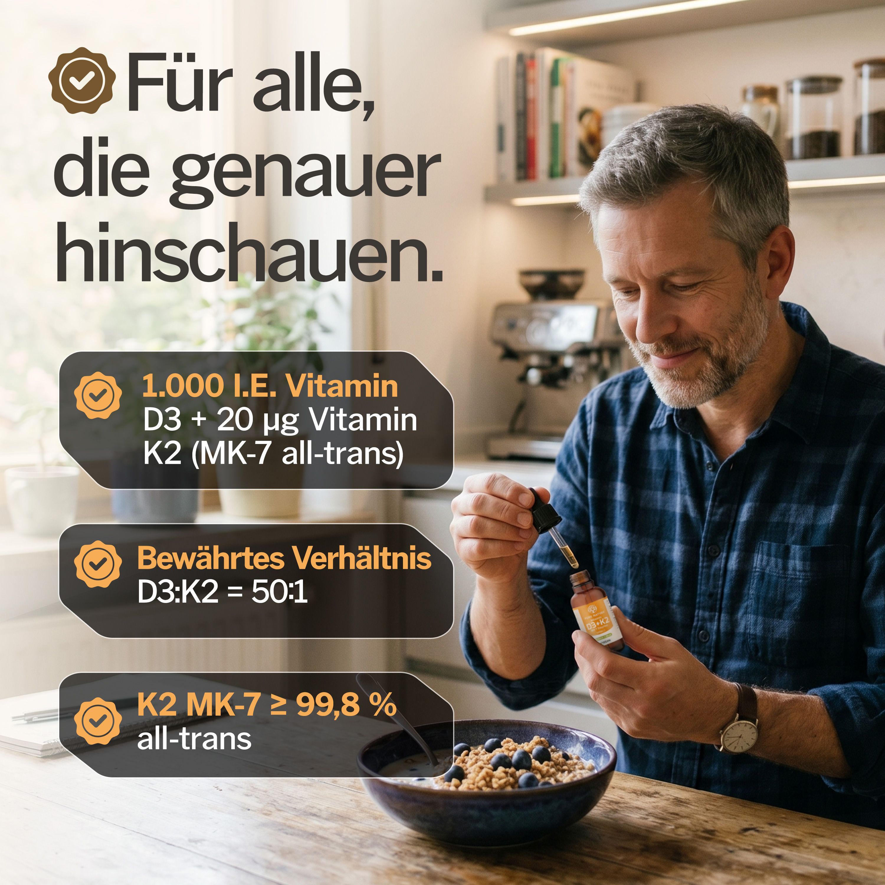 Mann mit Schale Müsli, hält Pipette Pure Nature Vitamin D3+K2 Tropfen. Text über Inhaltsstoffe.