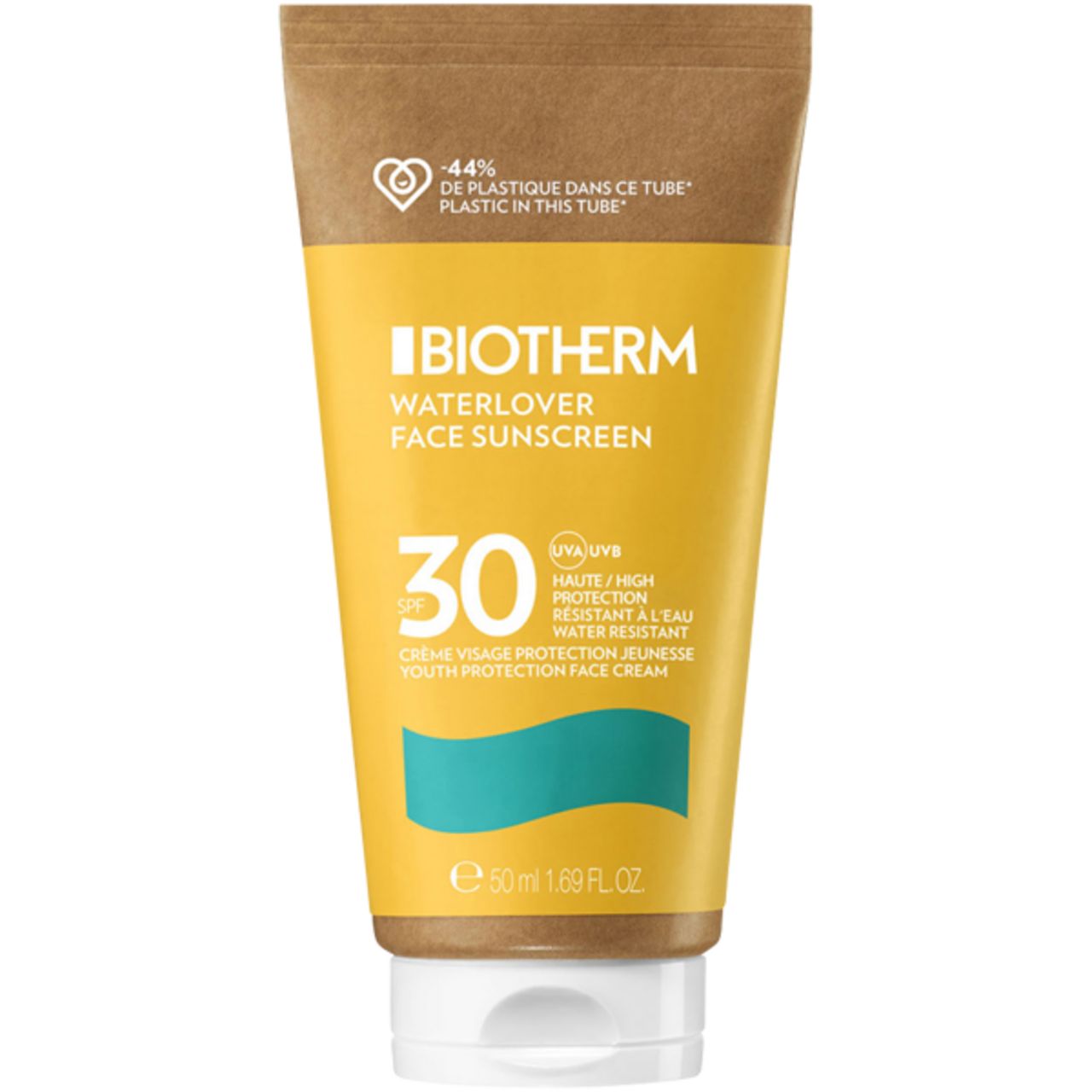 Gelbe Tube mit "BIOTHERM Waterlover Face Sunscreen" und LSF 30. Enthält 50 ml. Oben braun, unten weiß.