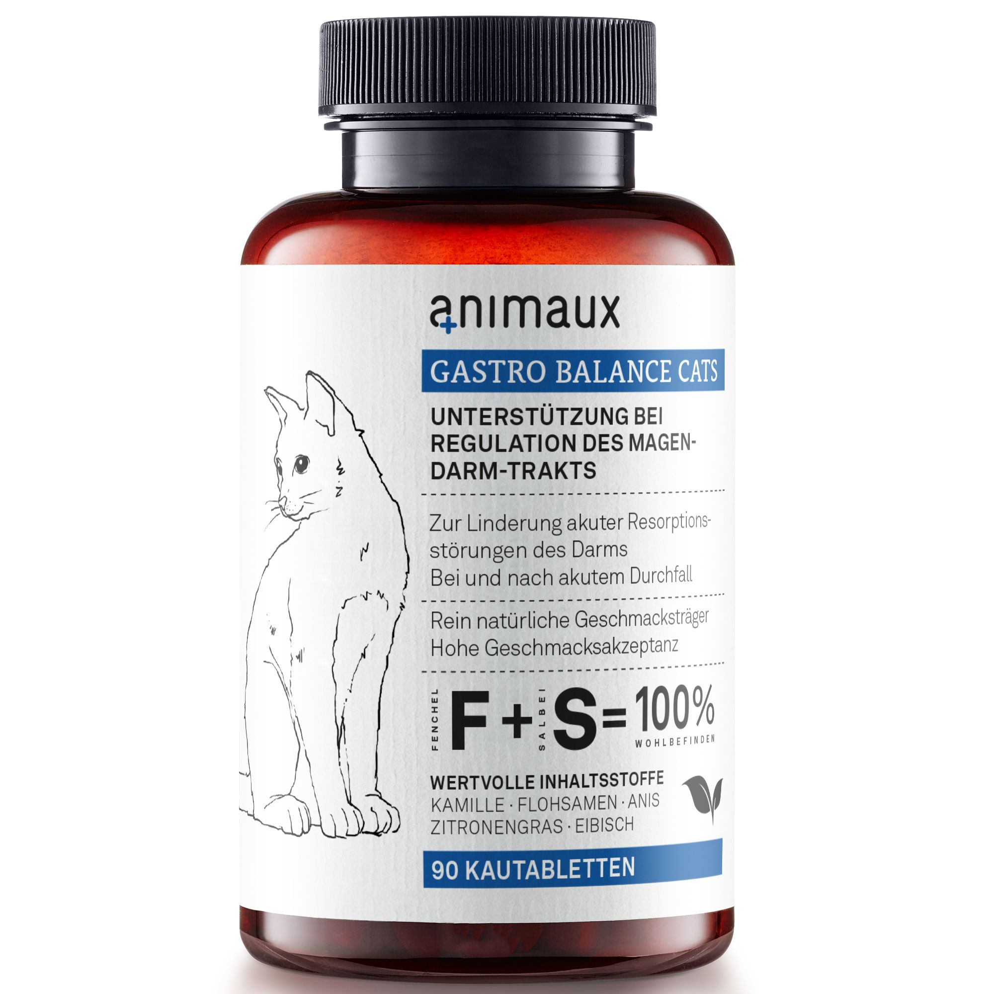 Braune Flasche mit weißem Etikett für GASTRO BALANCE CATS Kautabletten. Zeigt eine Katze und Produktinformationen.