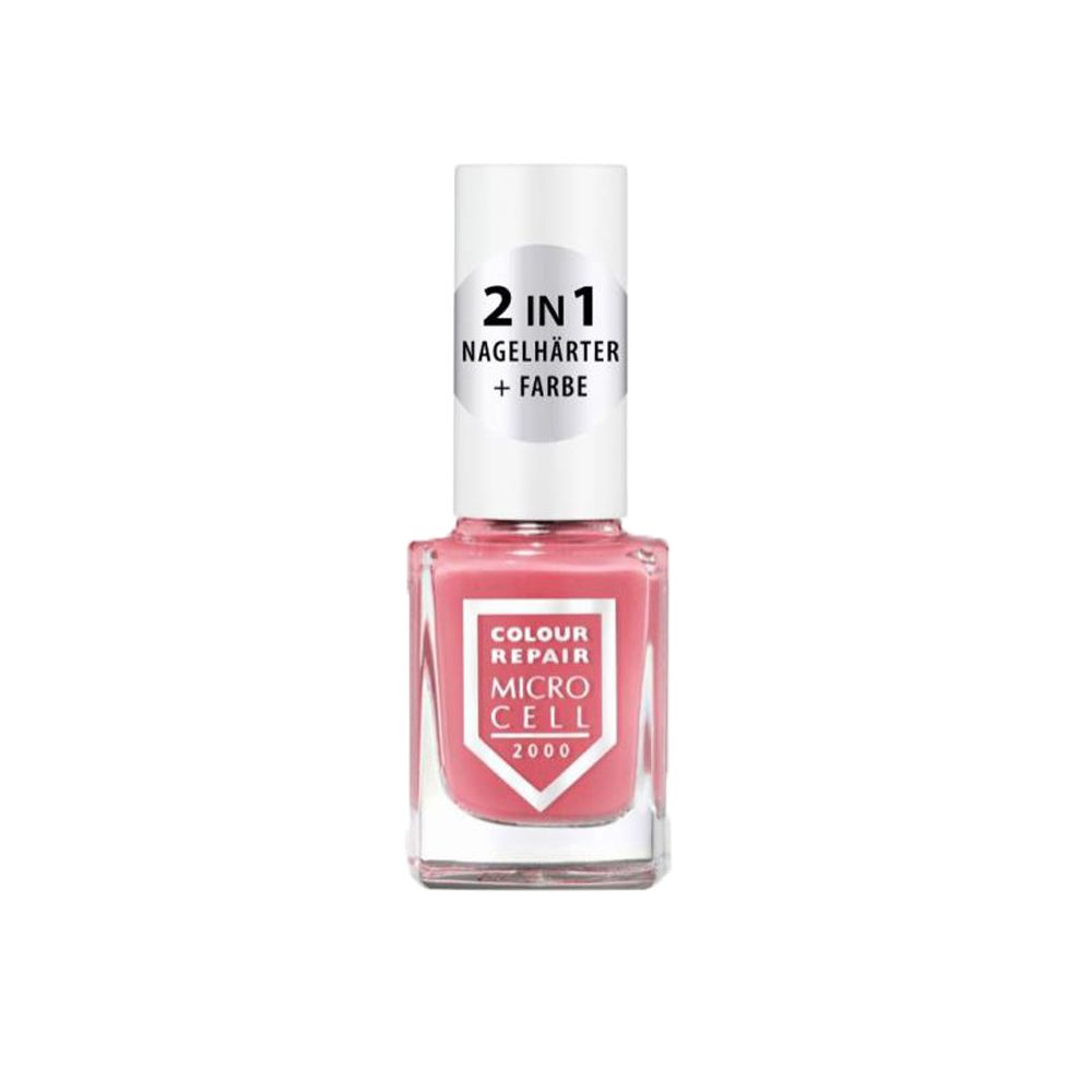 Nagellackflasche mit rosa Inhalt. Auf dem Deckel steht "2 in 1 Nagelhärter + Farbe". Auf dem Etikett steht "Colour Repair Micro Cell 2000".
