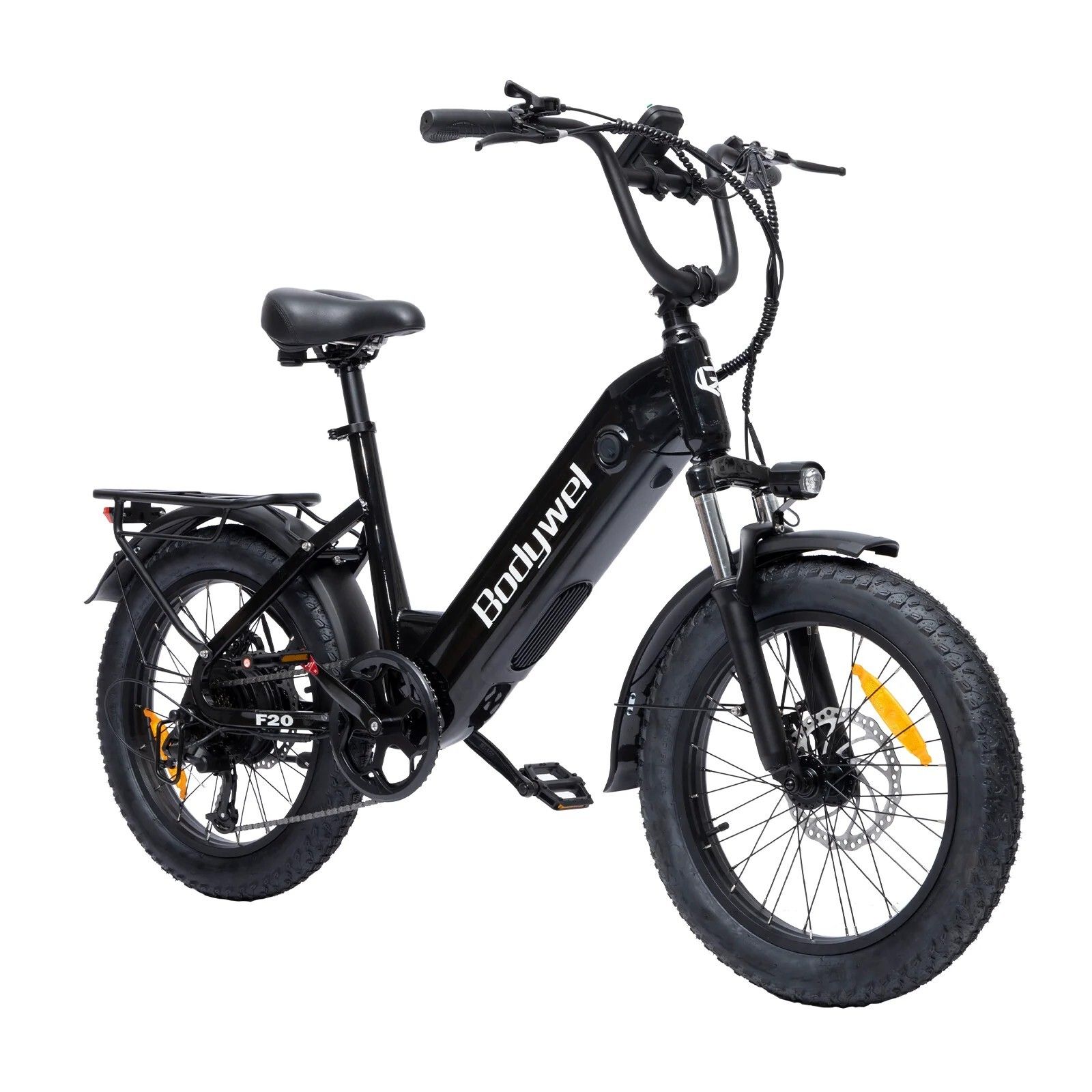 Schwarzes Elektrofahrrad. Bodywel auf dem Rahmen. Gepäckträger. Scheibenbremsen. Frontscheinwerfer.
