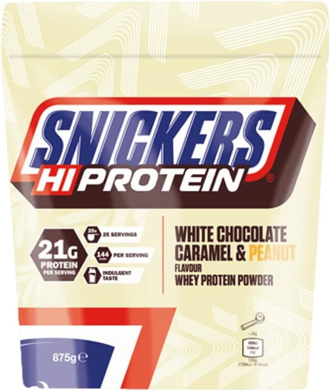Snickers Hi Protein White Chocolate Caramel & Peanut Whey Protein Pulver, 875g Beutel.
