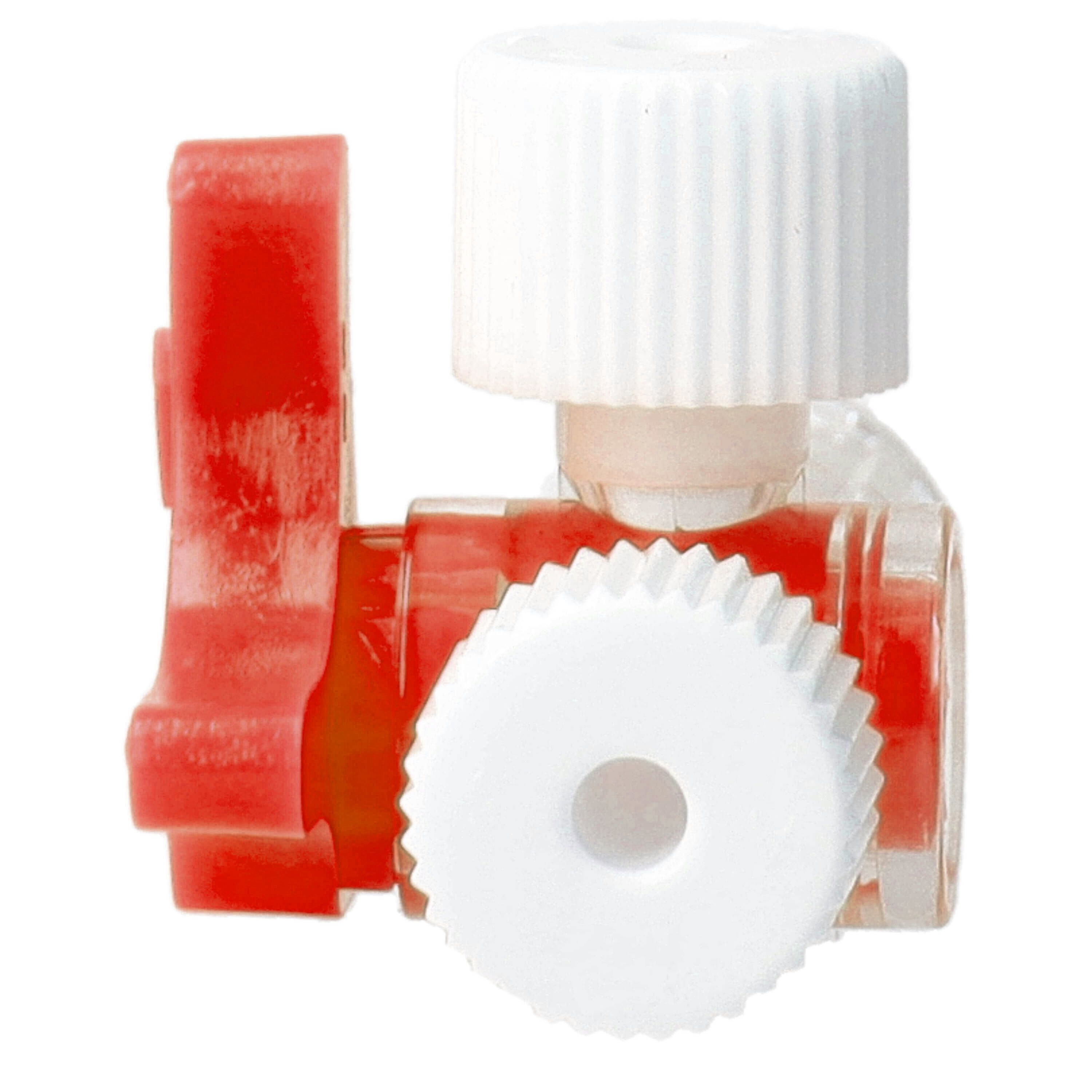 Drehventil mit rotem Griff und weißen Anschlüssen. Transparentes Gehäuse. Nahaufnahme.