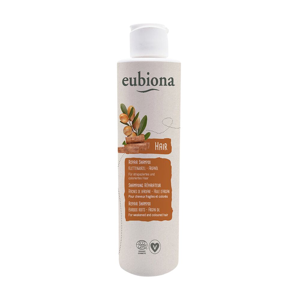 Eubiona Repair Shampoo. Flasche mit weißem Deckel. Aufschrift: Hair, Klettenwurzel-Arganöl. Bio-Siegel.