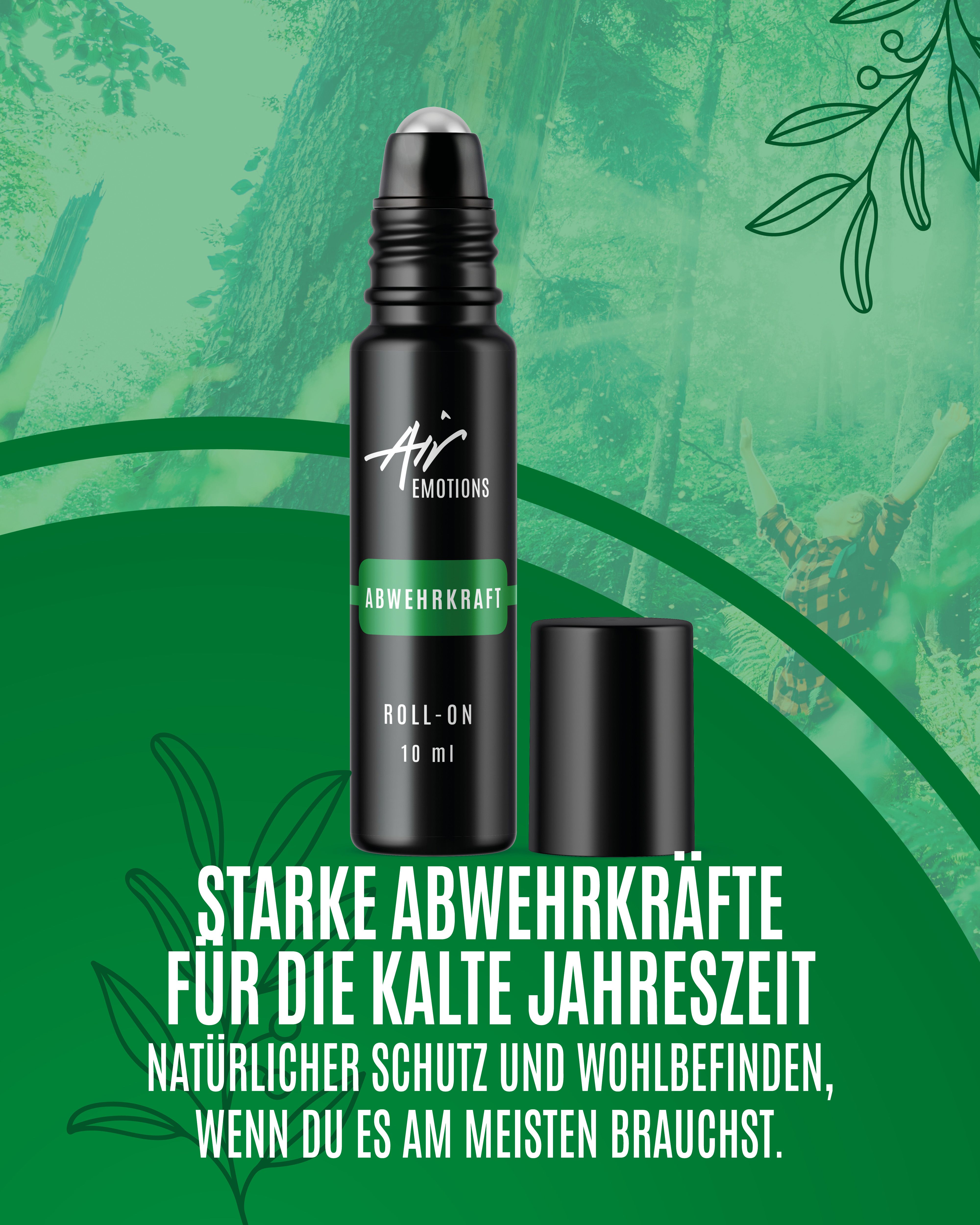 Schwarze Roll-On-Flasche mit grüner Beschriftung. Schwarzer Deckel daneben. Text: Starke Abwehrkräfte für die kalte Jahreszeit.